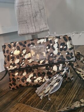 Charlie Leather Luxury Calf Hair Leather Leopard Print Wristlet Or Crossbody Bag
